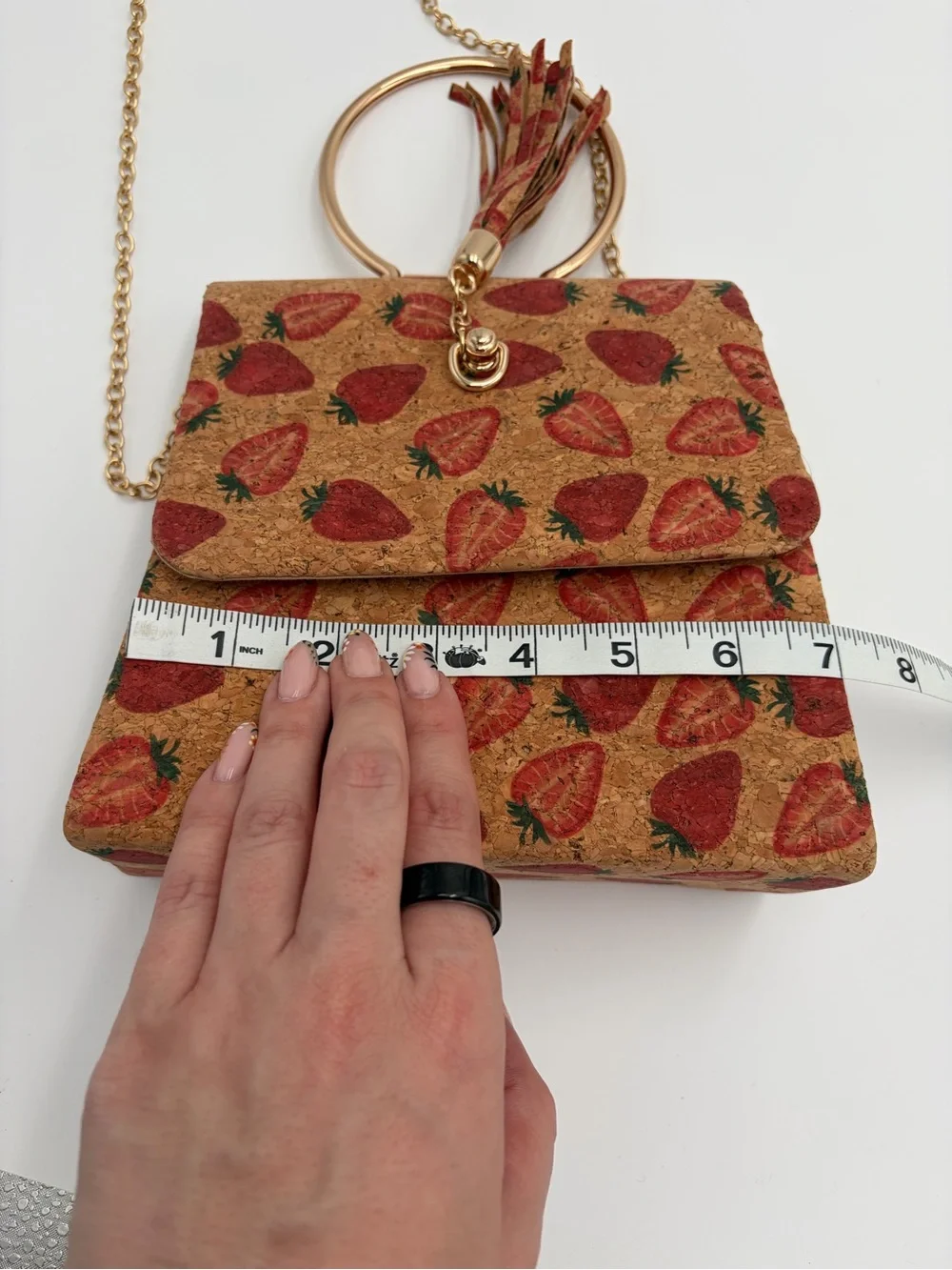 Strawberry Print Cork Crossbody Satchel Gold Ring Handle 3-Way Bag